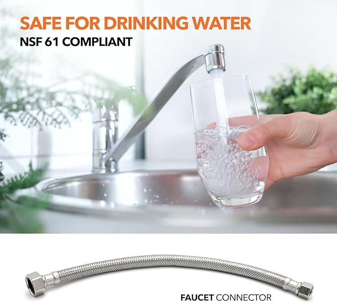 Stainless Steel Braided Water Connectors with Reinforced PVC Inner Hose for Faucets, 3/8" Compression x 3/8" Compression, 20" Length (2Pack)
