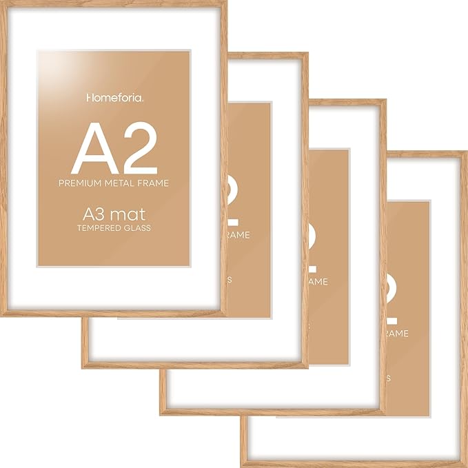 Homeforia A2 Picture Frame Natural Wood, High End Oak 16.5 x 23.4 Wooden Poster Frames Matted to 11.7 by 16.5 Photo, A2 Size Light Wood Frames with Mat A3 for Print, Tempered Glass, Wall Kit, Set of 4