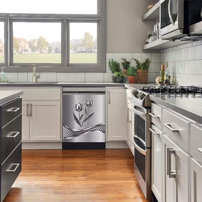 Stainless Steel Flower Painting Dishwasher Cover Decorative Magnetic Sticker Kitchen Refrigerator Covers for The Front Fridge Door Magnet 23W x 17H inchs