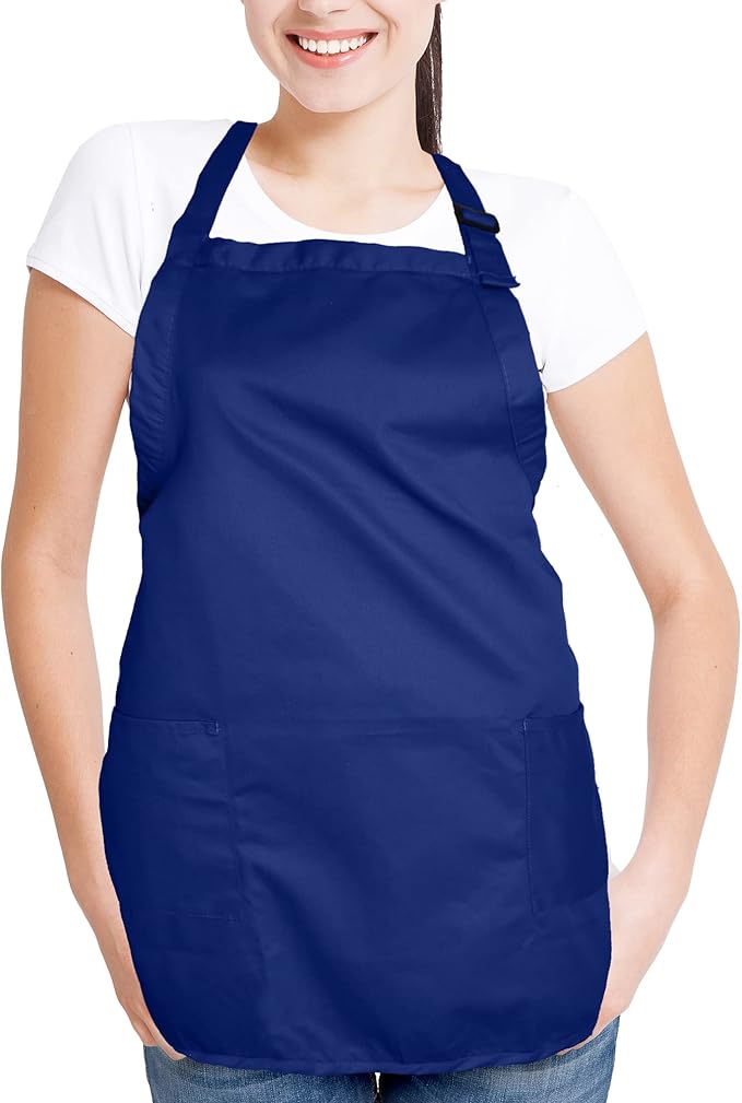 DALIX Apron Commercial Restaurant Home Bib Spun Poly Cotton Kitchen Aprons (2 Pockets) in Navy Blue