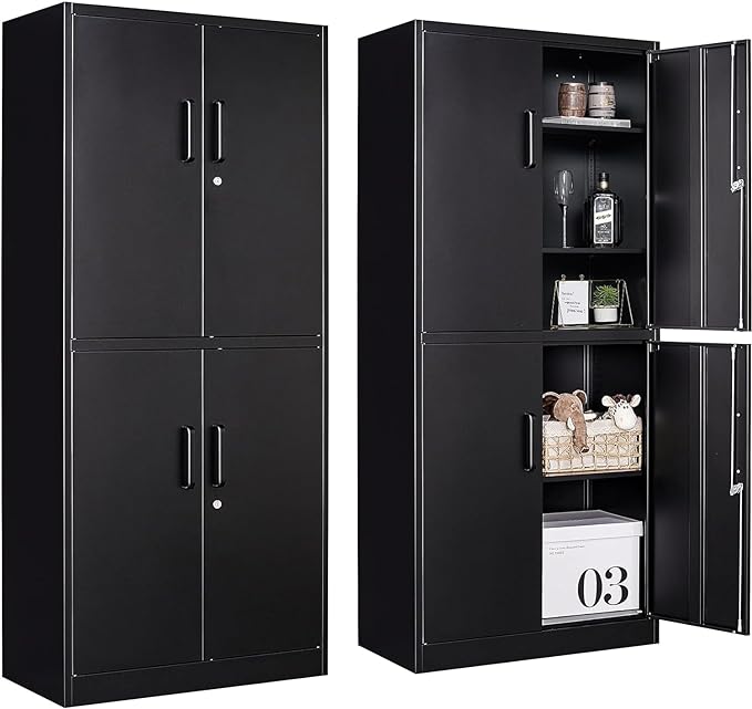 Metal Storage Cabinet with 3 Adjustable Shelves and 4 Doors,71" Garage Storage Cabinet with Lock,Black Metal Cabinets with Locking Doors,Steel Tool Cabinets,Lockable Cupboard for Home,Office,Garage