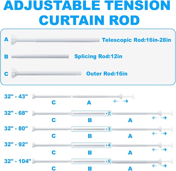 TEECK 2 Pack Shower Curtain Rod, 32-43 inch Adjustable Spring Tension Curtain - Image 7