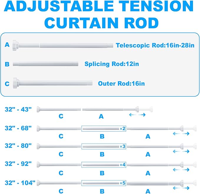 TEECK Shower Curtain Rod, 32-68 inch Adjustable Spring Tension Curtain Rod - Image 7
