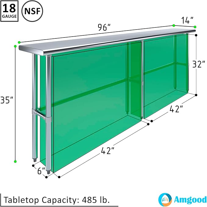 AmGood Stainless Steel Work Table Open Base | NSF Kitchen Island Food Prep | Laundry Garage Utility Bench (96" Long X 14" Deep)