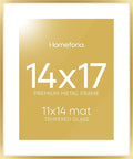 Homeforia 14x17 Picture Frame Gold, High End Metal 14x17 Poster Frames with Mat 11x14 Photo, 14 x 17 Gold Frames Matted to 11 by 14 Print, 17x14 Thin Hanging Frames, Tempered Glass, Wall Kit, Set of 1