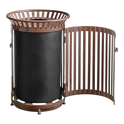 45 Gallon Commercial Brown Waste Bin with Flat Lid & Door, Heavy-Duty Outdoor Trash Can Steel Slatted, Round Recycle Container, Durable Garbage Can for Parks, Municipalities, Schools, Parking