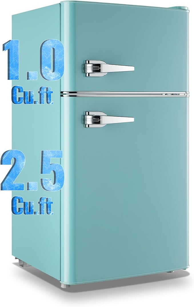 WANAI 3.5 Cu.Ft Mini Fridge with Freezer, Retro Small Refrigerator with 2 Handles, 7 Settings Temperature Adjustable, 2 Door Refrigerator for Office, Dorm, Bedroom, Apartment, Blue