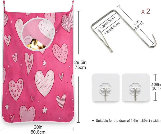 Hot Pink Hearts Stars Hanging Laundry Hamper Door Hampers Bag Basket - Image 3