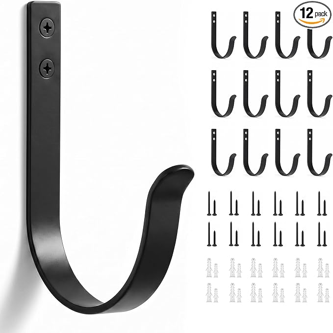 POZEAN 12 Pack Black Coat Hooks, Heavy Duty Wall Mounted Single Prong Hooks | by POZEAN