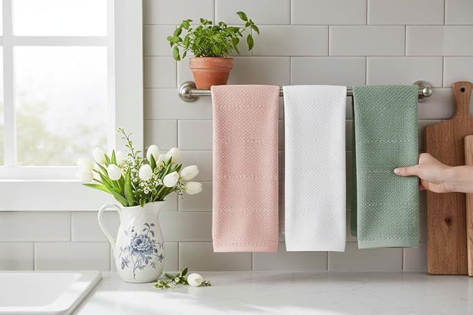 Sage Pink White Kitchen Hand Dish Towels, 100% Cotton - Image 4