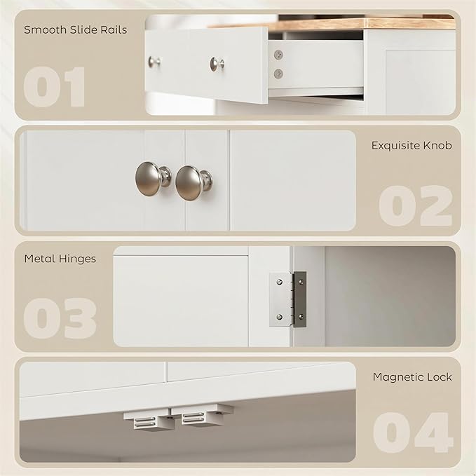 HOMCOM Sideboard Buffet Cabinet with Solid Wood Countertop, Modern Kitchen Storage Cabinet, Coffee Bar Cabinet with 2 Drawers, Doors and Adjustable Shelf, White