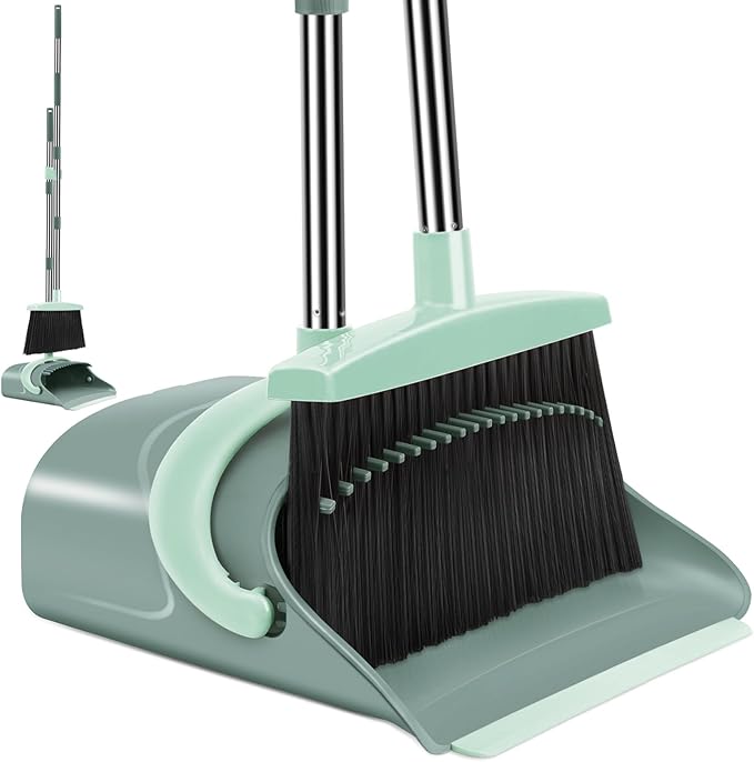 Broom and Dustpan Set for Home, Dust pan with Long Handle, Broom with Dustpan Combo Set, for Home Kitchen Room Office Lobby Floor Use Upright Stand Up Sweeping (Gray&Green)