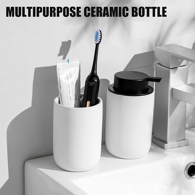Ceramic Pump Bottle Refillable Lotion Soap Dispenser 12oz White | Matte - Image 4
