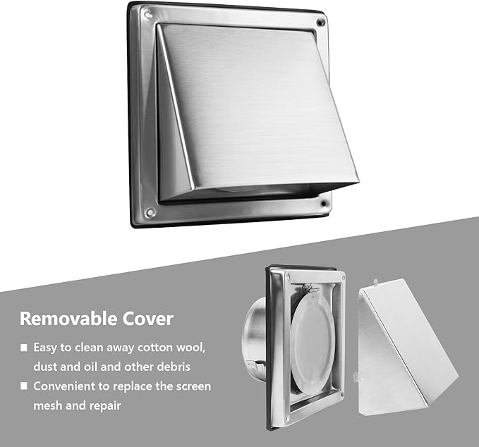 4 Inch Dryer Vent Cover Outside Stainless Steel Wall Vent with Removable Cover and Bird Screen Mesh