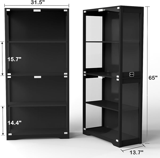 Display Cabinet with Glass Doors, Curio Cabinet with 3 LED Lights and Human Body Sensor, Bookcase with 4 Shelves Storage Cabinets, Black