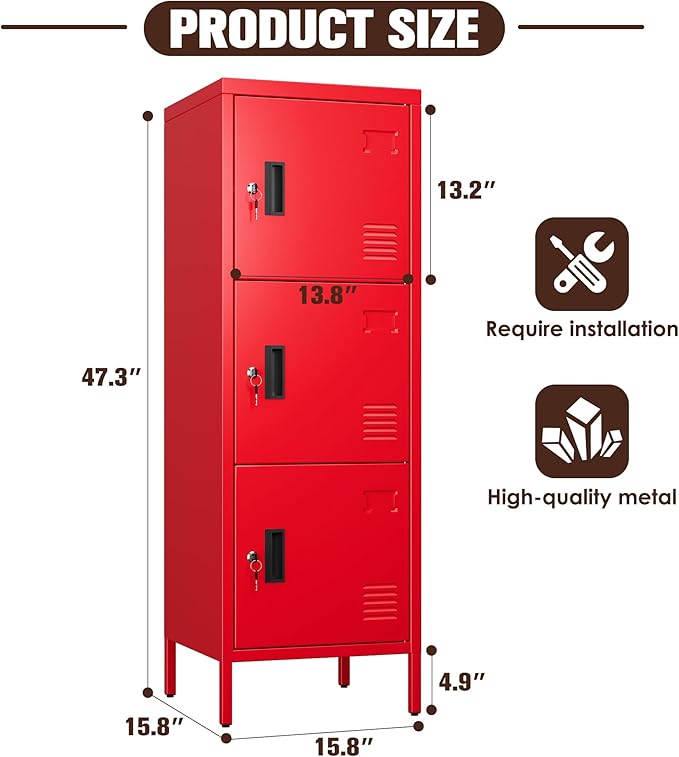 METAN Metal Storage Employees Locker with 3 Lockable Doors,47''H*16''W*16''D Locking Storage Cabinets for Small Spaces,Home,School,Gym,Assembly Required,Red