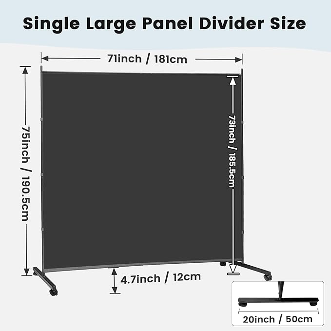 MAYOLIAH Large Single Panel Room Divider on Wheels, 71”W x 75”H Rolling Privacy Screen, Portable Wall Divider for Home Office Partition, Grey
