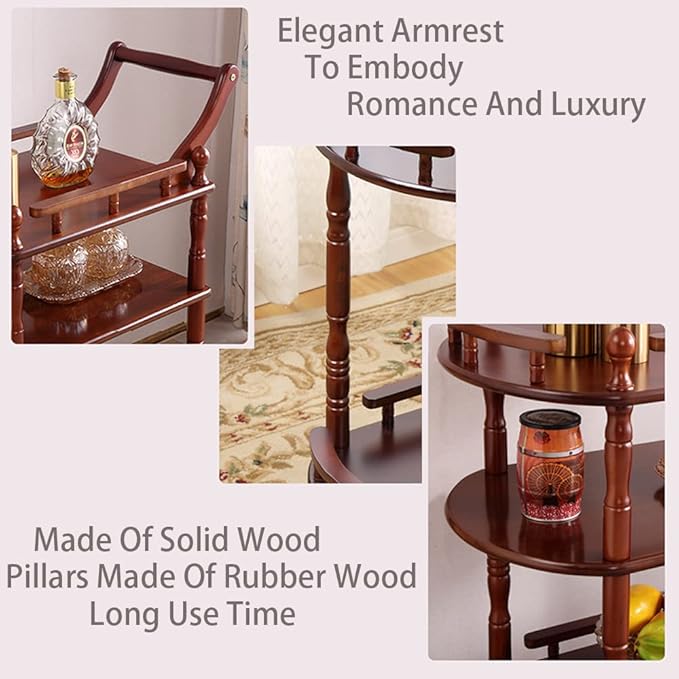 Entertainment Kitchen Cart, Midcentury Modern Imported rubberwood Brown Finished Wood 3-Tier Mobile Bar Cart Serving Cart