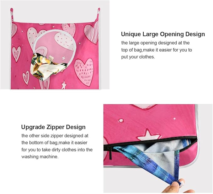 Hot Pink Hearts Stars Hanging Laundry Hamper Door Hampers Bag Basket - Image 4