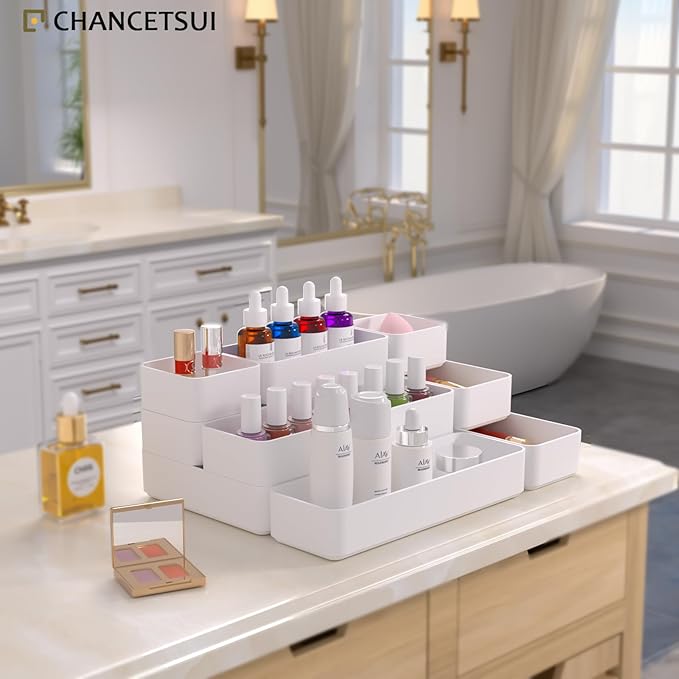 White Desk Drawer Organizer Trays: 9PC Shallow Vanity Bathroom Organizers | - Image 2