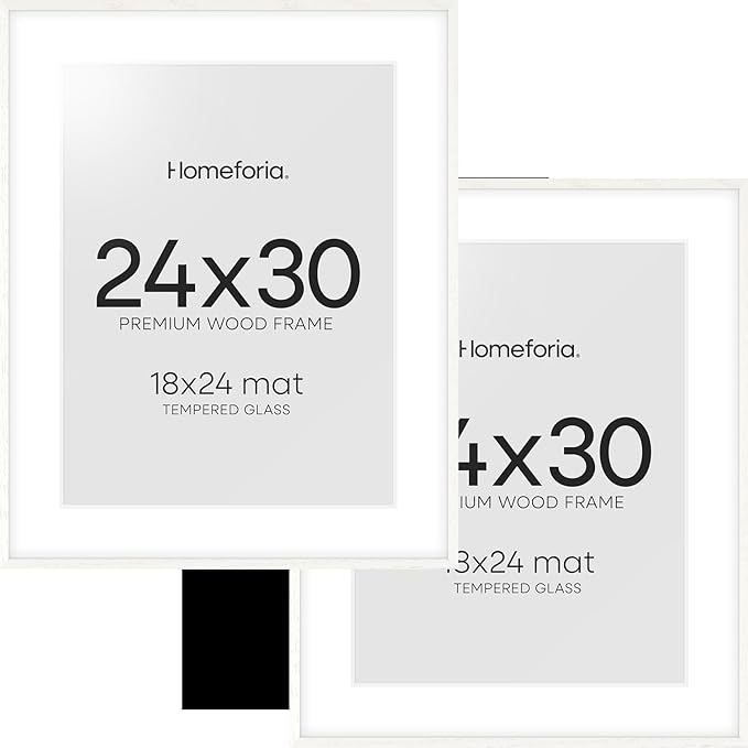 Homeforia 24x30 Poster Frame White, High End Oak 24 x 30 White Wood Picture Frames with Mat 18 x 24 for Photo, 24x30 Wooden Frame Matted to 18x24, 30x24 Large Frame, Tempered Glass, Wall Kit, Set of 2