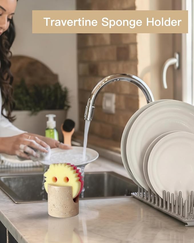 Natural Travertine Stone Sponge Holder, Compact Upright Sink Organizer - Image 7
