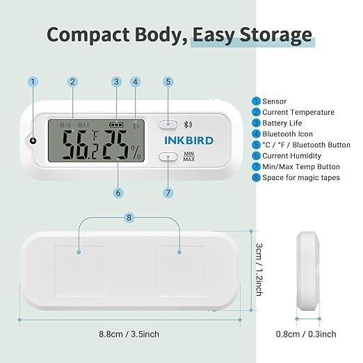 Inkbird Mini Digital Thermometer and Hygrometer, Temperature Humidity Bluetooth Smart Sensor, for Guitar Humidor Mason Jar Incubators