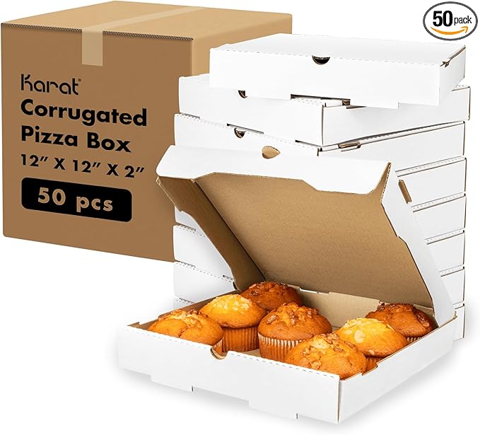 Karat Pizza Boxes 12" x 12" x 2" [50 Pack] White Corrugated Boxes | Ventilated, Grease-Resistant, Durable for Pizza, Catering or Shipping Use