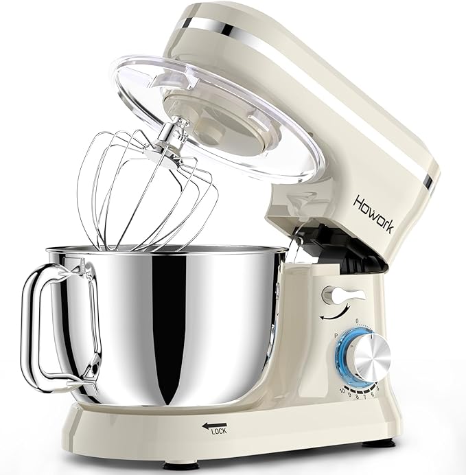 HOWORK Electric Stand Mixer,10+p Speeds Kitchen Mixer With 6.5QT Stainless Steel Bowl,Dough Hook, Wire Whip & Beater,for Most Home Cooks White
