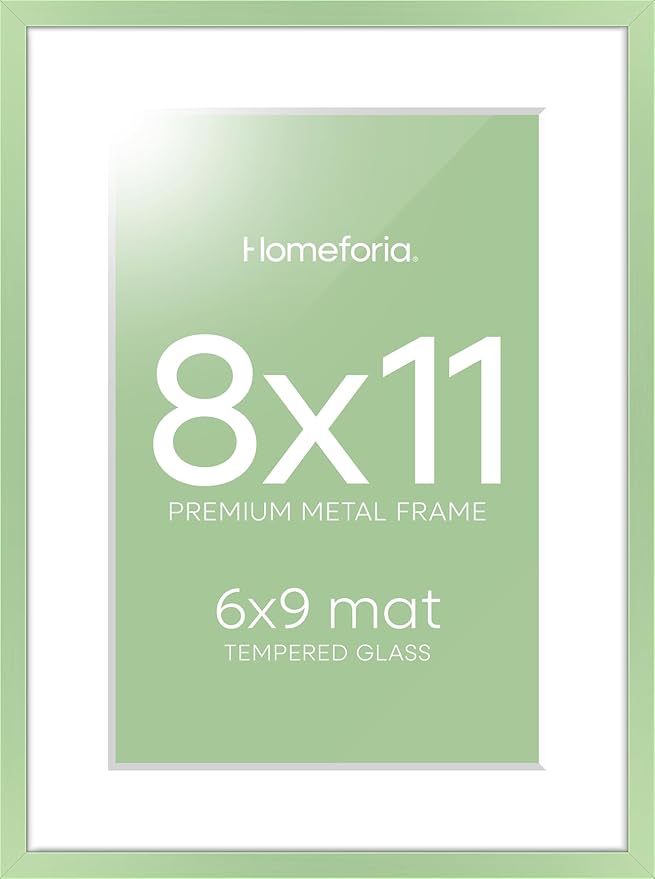 Homeforia 8x11 Picture Frame Sage Green, High End Metal 8 x 11 Poster Frames with Mat 6 by 9 Photo, 11x8 Frame Matted to 6x9 inch Art, 8by11 Wall or Tabletop Frames, Tempered Glass, Wall Kit, Set of 1