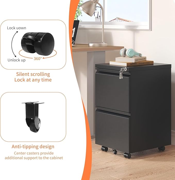 Fully Assembled 2 Drawer File Cabinet, Locking Full Steel Filing Cabinet, Quiet Slides, Anti-Tipping Wheels, Fits A4/Letter/Legal, for Home & Small Office, Matte Black