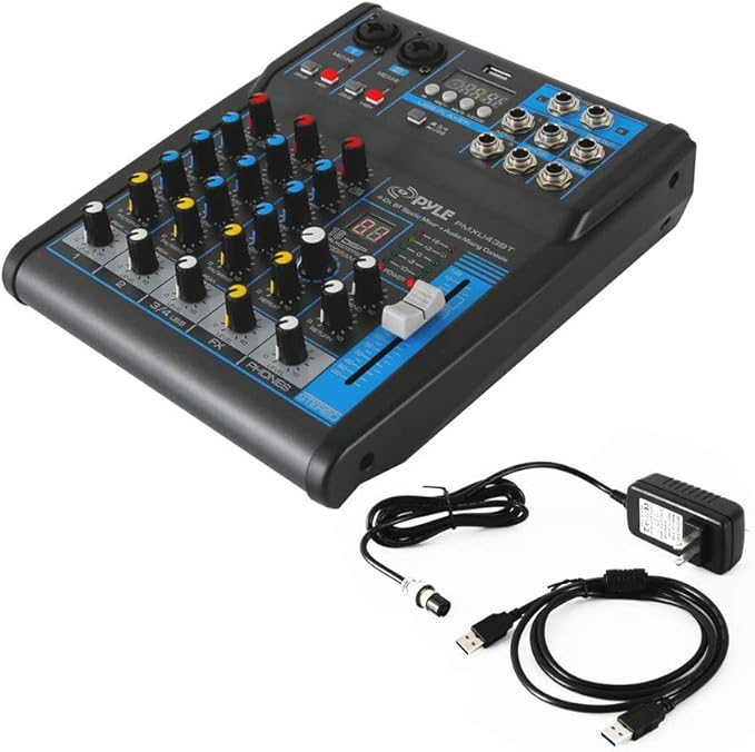 Pyle Professional 4 Channel Audio Mixer with Bluetooth - DJ Sound Board - USB Computer Input - Built-in MP3 Player - 48V Phantom Power - 3 Band EQ - 16-Bit DSP FX - Band, Studio Ready - PMXU43BT
