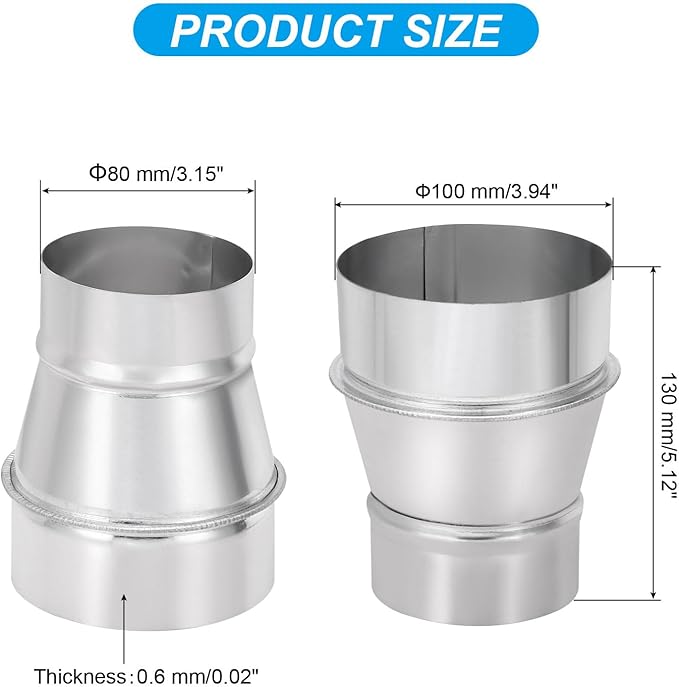 PATIKIL 4 Inch to 3 Inch Round Duct Reducer Increaser Connector, Galvanized Steel Air Duct Adapter Pipe Fitting for Bathroom Kitchen Inline Ventilation Systems, Silver Tone