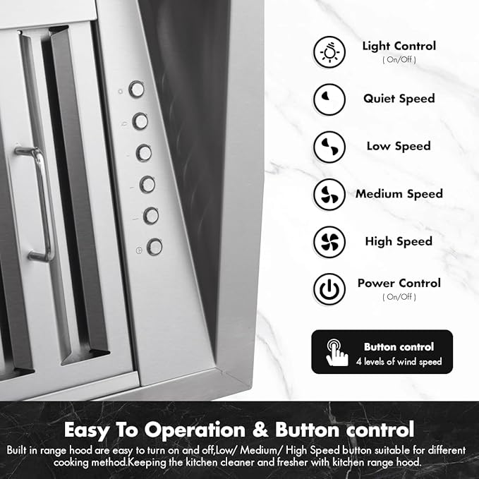 Micmi 48 inch Built-in Range Hood Insert Vent, Dual Motors Stainless Steel Kitchen 1400 CFM with Push Button Control, Ducted, Baffle Filters, 4 Speed Stove Exhaust Fan, ETL listed