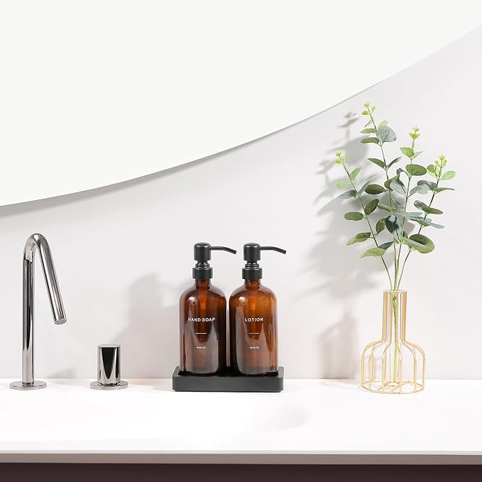 Prus Waso Amber Glass Soap Dispenser Set | Hand Soap and Lotion Set - Image 3