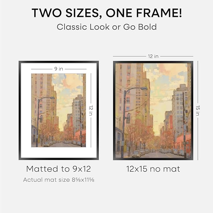 Homeforia 12x15 Picture Frame Black, High End Metal 12x15 Poster Frames with Mat 9x12 for Photo, 12 x 15 Black Frame Matted to 9 by 12 inch Print, 15x12 Thin Frames, Tempered Glass, Wall Kit, Set of 3