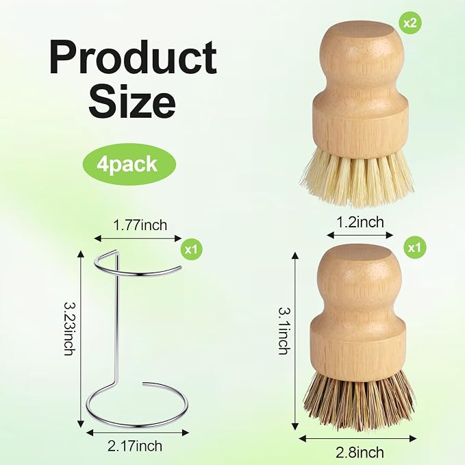 Bamboo Dish Brush Set with Holder, 2 Sisal & 1 Palm Scrub Brush | Natural - Image 2