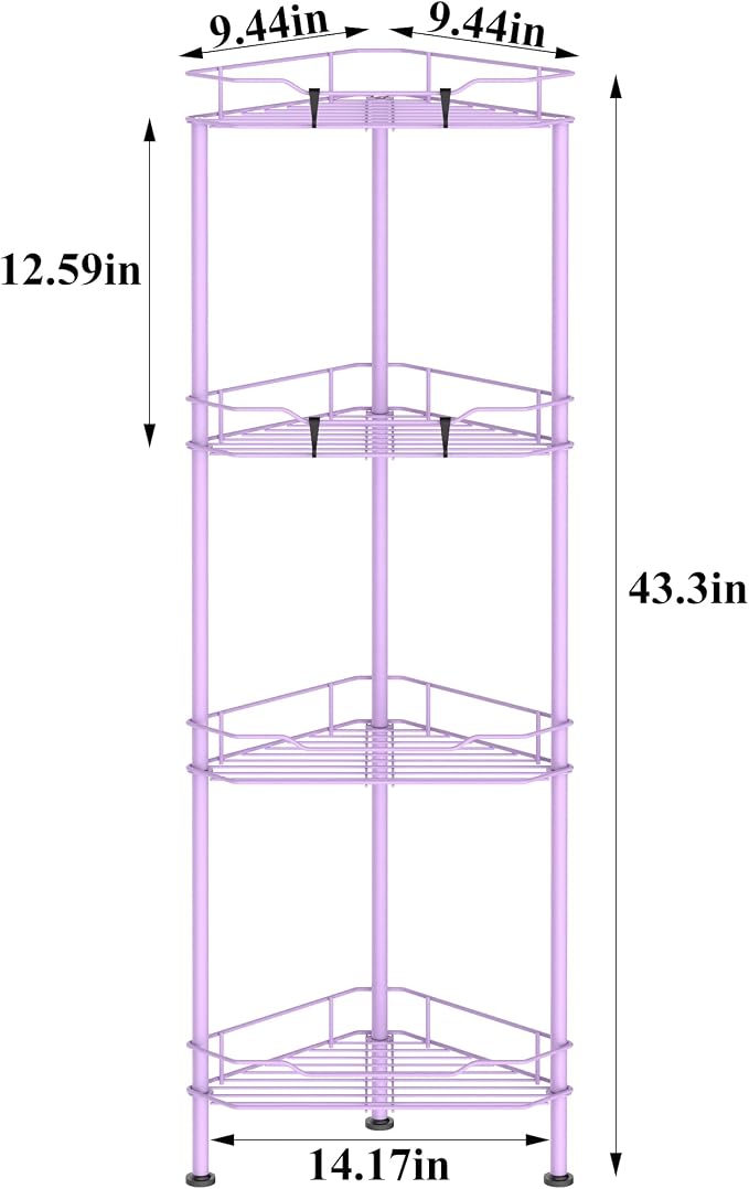 HuggieGems Metal Floor Standing Corner Shower Caddy, Light Purple, 4 Tier - Image 7