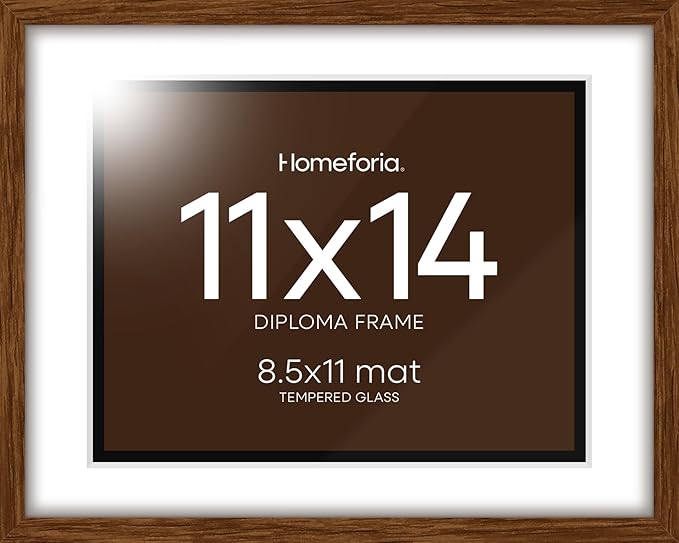 Homeforia 11x14 Diploma Frame Brown Wood, High End Dark Oak 11 x 14 Certificate Frames with Mat 8.5x11, 14x11 Document Matted Frame, Walnut Wooden Graduation Frames, Tempered Glass, Wall Kit, Set of 1