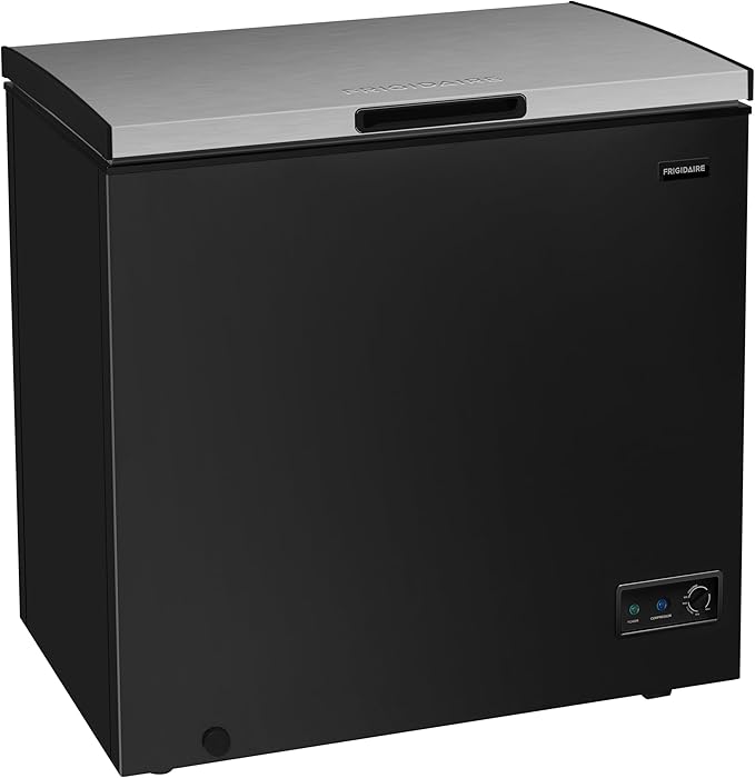 FRIGIDAIRE Chest Deep Freezer, 7 Cu. Ft, Black Adjustable Thermostat-Removable Vinyl Coated Wire Basket-Easy Defrost Drain, Eye-Catching Stainless Steel Top Door- Garage Ready