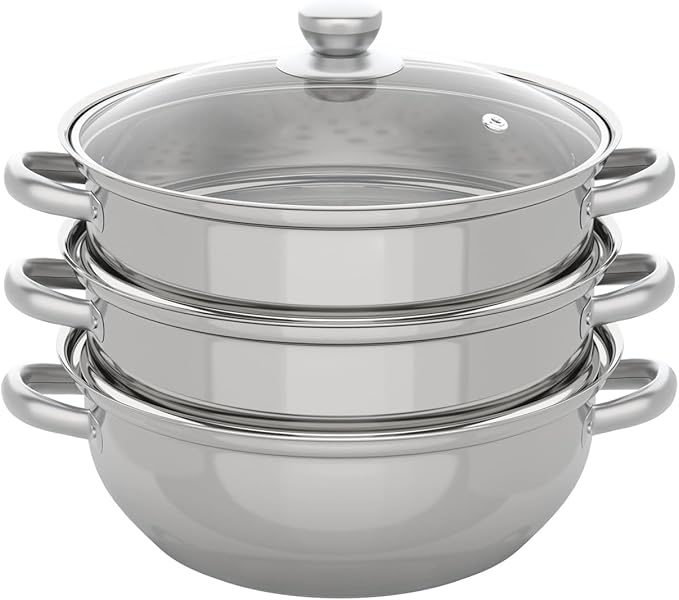 Steamer 28cm/11.02in, 3-tier Polished Stainless Steel Steam Cooker w/Clear Glass Lid & Handles, Round Stackable Multipurpose Steam Pot for All Stoves, 12.8 * 9.84in (1xBottom Pot, 2xSteamer Baskets)