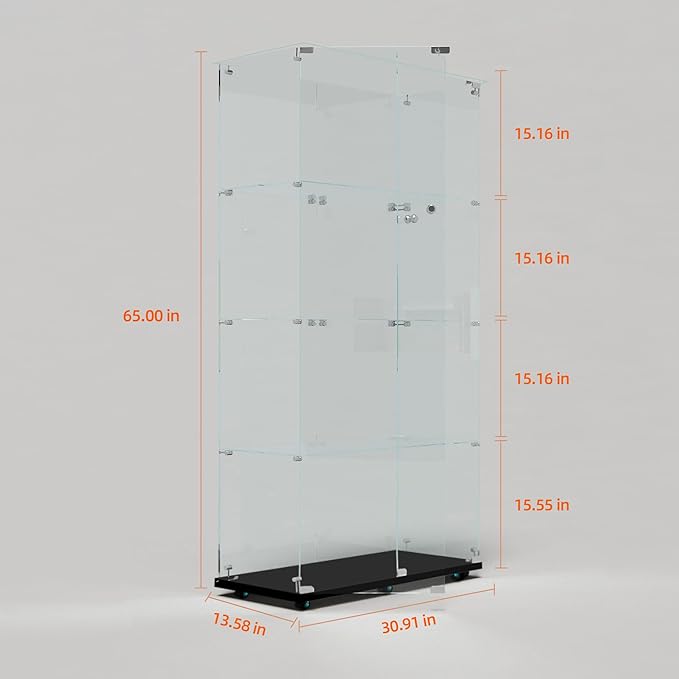 Yoluckea 4 Tiers Glass Display Cabinet with Bluetooth LED Light Strip, 2 Doors Floor Standing Curio Cabinet with Universal Wheel for Home Office Display,Black Glass Bookshelf for Collections,Clear Top