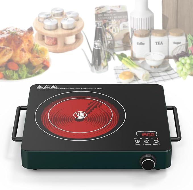 VBGK Electric Cooktop, 1800W Single Burner Induction Cooktop with 9 Power Levels, Timer and Knob Control, 110-120V