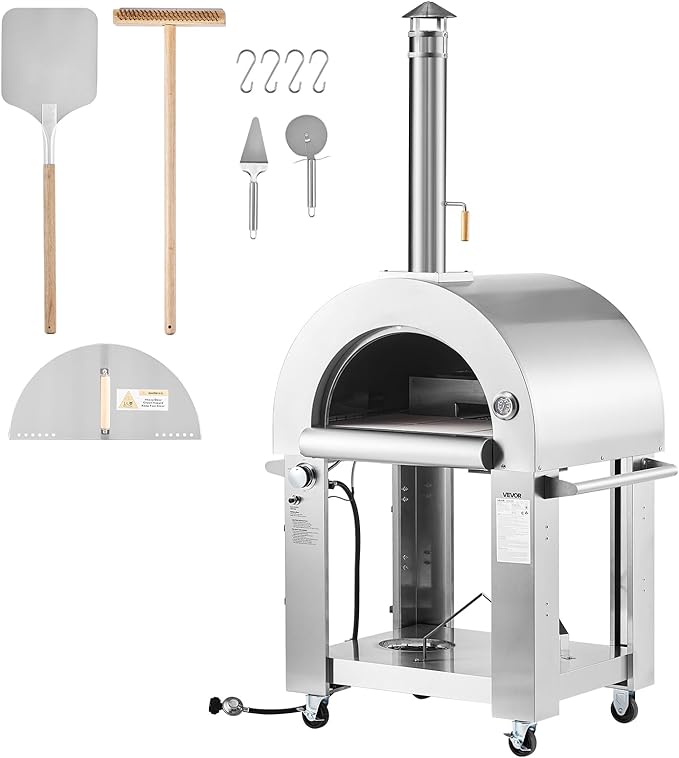 VEVOR Dual Fuel Giant Pizza Oven Outdoor, 26" Artisan Large Pizza Ovens, Pellet & Propane Gas Kiln Pizza Maker with Wheels, Pizza Stone, Multi Fuel Cooker for Camping & Backyard