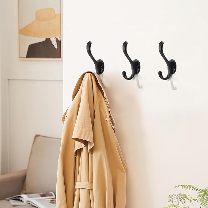 2 Pack Black Coat Hooks Wall Mount Heavy Duty Utility Retro Double Hooks - Image 4