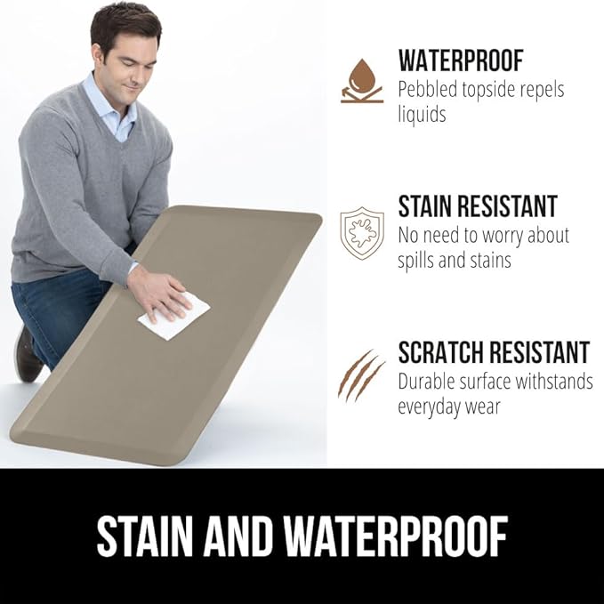 GORILLA GRIP Comfortable Cushioned Kitchen Mats for Floor, Waterproof and Stain Resistant Soft Top, 3/4 Inch Thick Ergonomic Standing Desk Anti Fatigue Mat, Foam Supports Ankles and Feet, 20x32, Taupe