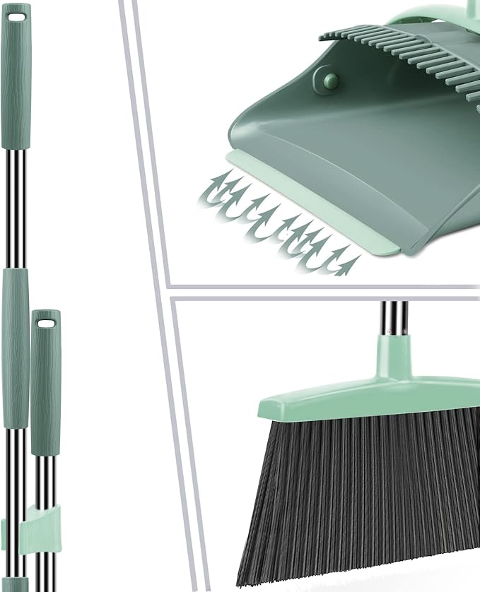 Broom and Dustpan Set for Home, Dust pan with Long Handle, Broom with Dustpan Combo Set, for Home Kitchen Room Office Lobby Floor Use Upright Stand Up Sweeping (Gray&Green)