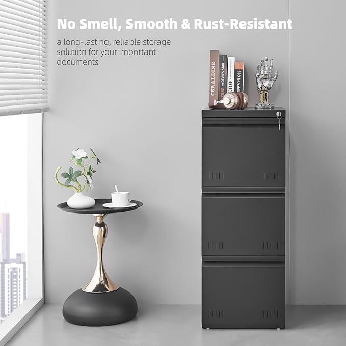 Vertical 3 Drawer File Cabient with Lock, Metal Filing Cabinets for Home Office, Heavty Duty Office Storage Cabinet for A4/Letter/Legal (Matte Black)