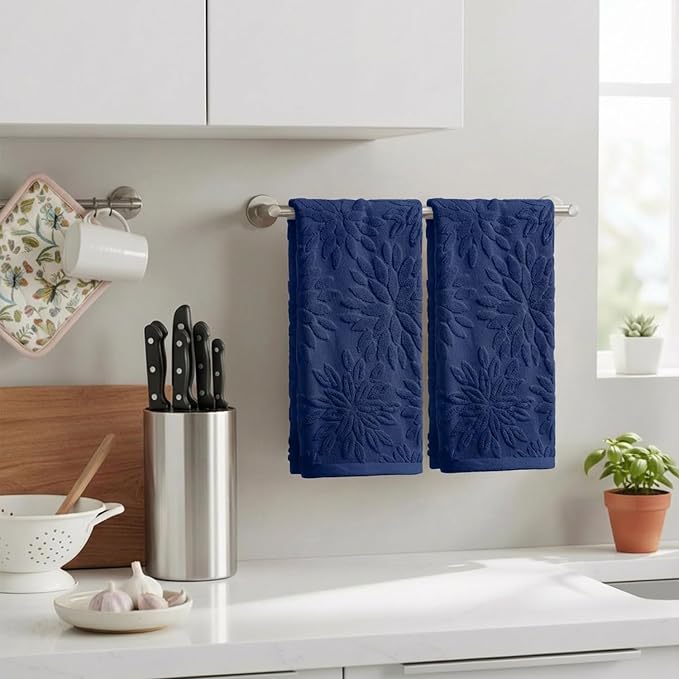 Artoid Mode 2 Pcs Navy Blue 3D Dahlia Floral Jacquard Hand Towels - Image 3