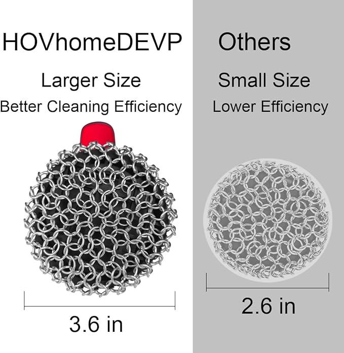 Cast Iron Scrubber with Pan Scraper & Towl, 316 Chainmail Scrubber with Long Handle, Upgraded Chain Mail Scrubber Cleaner for Grill Pan Skillet Wok Carbon Steel Dutch Oven Metal Brush (Red)